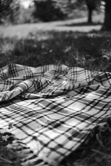 A plaid blanket is laying on the grass. The blanket is black and white with a checkered pattern