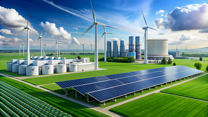 Green hydrogen factory with solar panels and wind turbines for renewable energy production