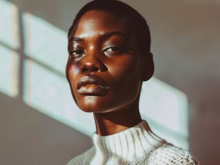 A woman with a shaved head and dark skin stands in front of a window, with the sun shining on her face