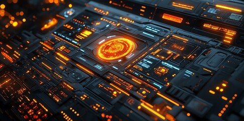 Futuristic tech background with glowing orange and blue interface panels.