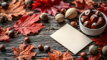 An autumn scene featuring vibrant leaves and assorted nuts on a wooden table, perfect for Thanksgiving and Halloween greetings, with ample copy space.