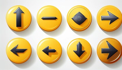 A grid of eight yellow buttons featuring directional arrows and a single black square, ideal for navigation or game controls.