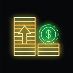 Neon sign representing a growing stack of money with an up arrow and a dollar coin, a concept for business success, profit and wealth