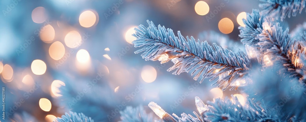 Poster close-up of frosted pine branches adorned with shimmering lights, capturing the essence of winter an