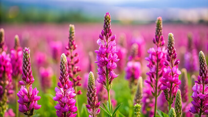Obraz premium Close up of vibrant purple common sainfoin flowers in a field, sainfoin, onobrychis viciifolia, onobrychis sativa