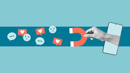 Social media communication and connection concept. Hand from smartphone attracting many social...