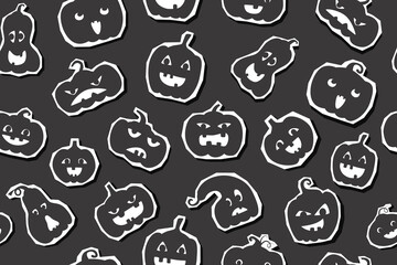 Halloween seamless pattern of black pupmpkins faces stickers isolated on black background. Halloween concept. Halloween banner.