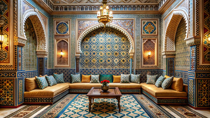 Obraz premium Arab-Islamic room with ornate mosaic tiles and luxurious furnishings, Arab, Islamic, room, architecture, mosaic