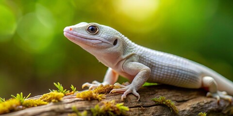 Fototapeta premium A tiny reptile with striking black eyes and a slender tail reclines on a bed of rocks and