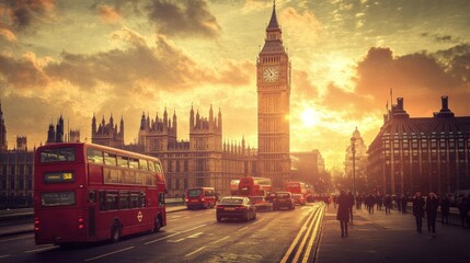 London Sunset with Big Ben and a Double-Decker Bus