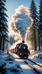 Majestic Winter Train Journey: Steam Locomotive Through Snowy Forest, Dramatic Clouds, Mountain Peak, Golden Hour Light, Frosted Pines, Vibrant Cinematic Scene, Nostalgic Photorealistic Detail