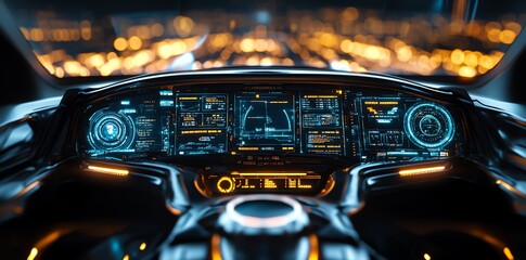 Futuristic vehicle interior with a digital display of data and a city skyline in the background.