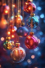 Fototapeta premium holiday home decor, festive garland adorned with colorful christmas ornaments and twinkling lights, making it ideal for holiday-themed advertisements and banners
