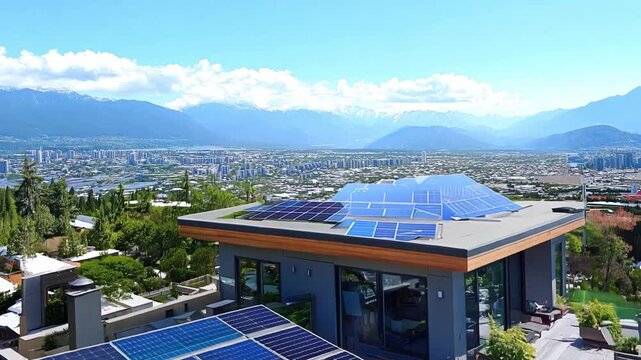 Solar panels glistening under the bright sun, mounted on a modern rooftop, surrounded by a vibrant garden and distant mountains.