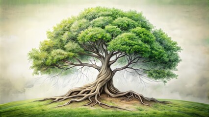 A twisted tree in profile, its exposed roots like sinuous tentacles, is shrouded in dense foliage that conceals