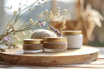 Various skincare cream jars on a wooden surface surrounded by soft lights and plants.

