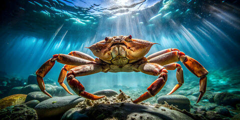 Dramatic shot of a giant crab perched underwater, crab, sea creature, marine animal, underwater, ocean, giant