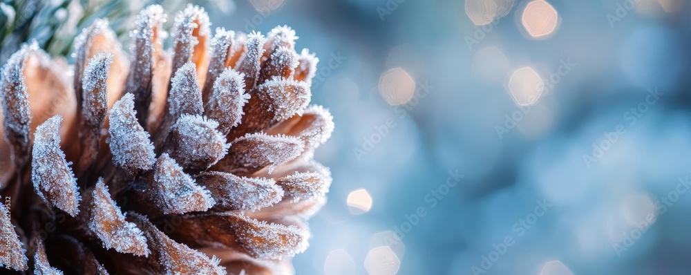 Poster frosted pine cone on a winter afternoon, adorned with glistening snowflakes, creating a serene and m