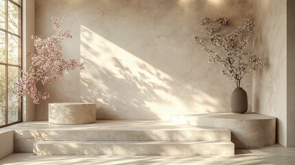 Minimalist Room with Stone Steps and Flower Arrangements