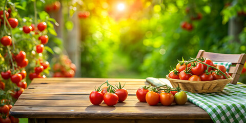 An empty outdoor table with red tomatoes in a field , fresh, organic, agriculture, produce, harvest, farm, natural, garden