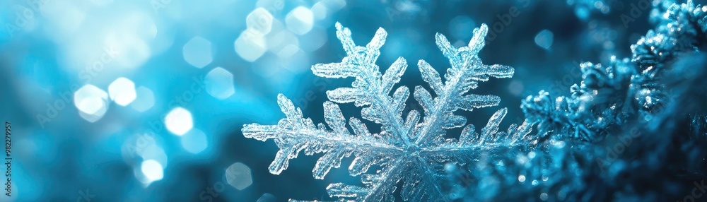 Poster A beautiful snowflake gently resting on a blue surface, capturing the essence of winter with its intricate details and light reflection.