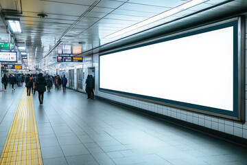 Fototapeta premium Large blank billboard with a white screen is showing in a subway or train station