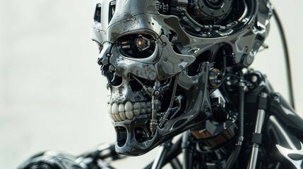 Fototapeta premium Close up of a robot that has a skull placed on its head, giving it a unique and intriguing appearance