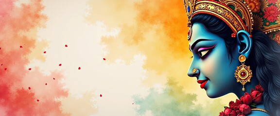 Close-up watercolor portrait of Goddess Durga adorned in traditional attire with vibrant festival elements for Banner or Background 