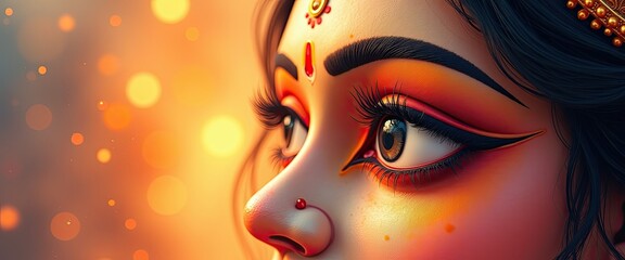 Close-up watercolor portrayal of Goddess Durga with soft lighting and puja elements for Durga Ashtami for Banner or Background 
