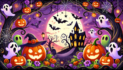 Festive Halloween Night Banner with Haunted House, Jack-O'-Lanterns, and Bats