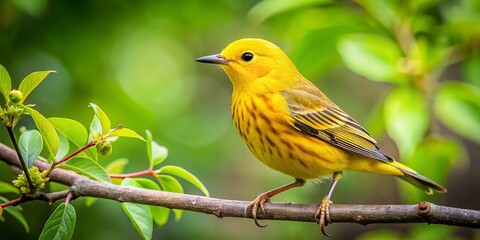 Obraz premium A vibrant yellow songbird rests serenely on a branch lined with lush green leaves, its earthy tone complemented