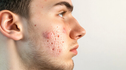 Closeup man face with red pimples, inflammation on face and problem skin. Acne, rosacea and couperose therapy. Facial treatment skincare routine and hygiene Cosmetic and beauty banner with copy space