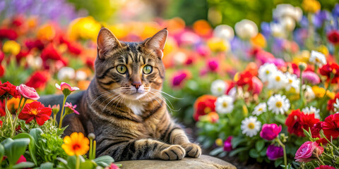 Fototapeta premium Cat lounging in a vibrant garden filled with colorful flowers , cat, garden, flowers, nature, pet, feline, relaxation