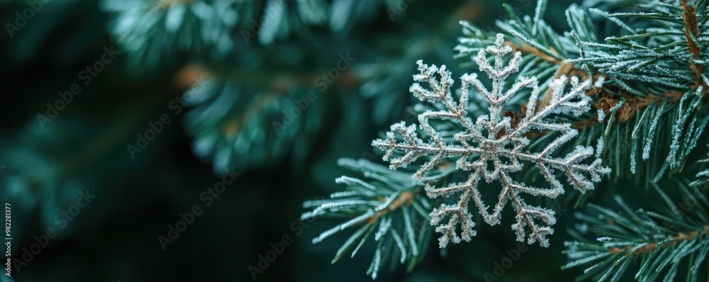 Poster Close-up of a snowflake resting on evergreen needles, showcasing intricate patterns and the beauty of winter's chill.