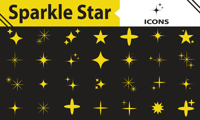 Flash sparkle flat star icon set. Twinkle star silhouette for gold sparkle, yellow glitter light, magic shiny flare effect. Vector set of different sparkles icons on black background. EPS 10