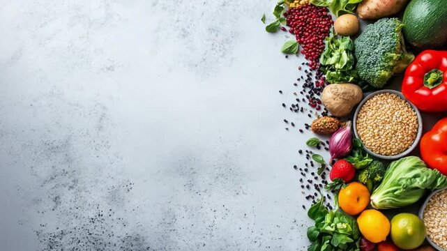 Background filled with vibrant, fresh fruits and vegetables arranged on a white surface, promoting a healthy and balanced diet.