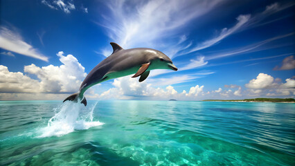 Fototapeta premium Jumping dolphin in crystal clear waters, dolphin, ocean, marine life, wildlife, underwater, nature, aquatic, jump