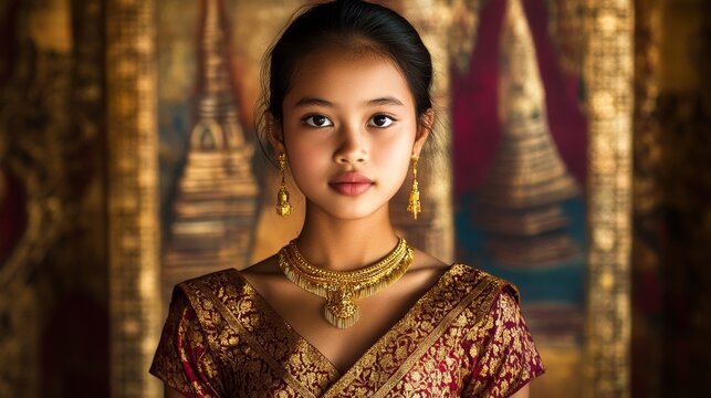 Elegant Cambodian Teenager in Sampot with Intricate Silk Patterns and Gold Jewelry Posing at Temple Background
