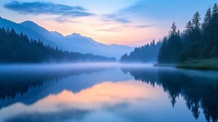 Fototapeta premium Tranquil Mountain Lake at Dawn with Misty Reflections