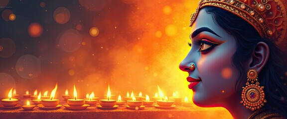 Luminous watercolor of Goddess Durga’s face surrounded by glowing festival lamps for Durga Ashtami for Banner or Background 