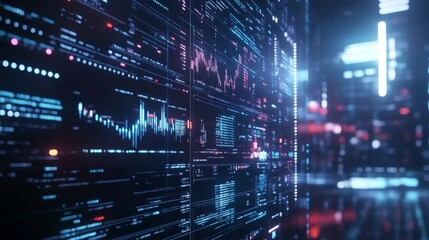 Obraz premium Automated financial system in a corporate setting, AI analyzing market trends, generating reports, and executing trades in real-time, digital displays showing dynamic data