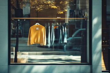 Clothes hanging in a shop window on a sunny day, creating an advertising billboard mock up