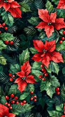 Festive poinsettias and holly berries, lush watercolor seamless pattern in rich greens and reds