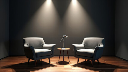 Realistic studio setup with two modern armchairs and professional studio lights, arranged for a podcast interview in a dimly lit room with a dark background