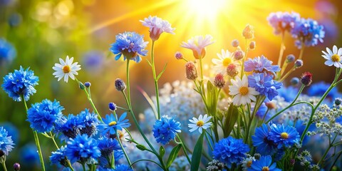 Obraz premium Vibrant blue cornflowers and forget-me-nots bloom serenely against a warm, sunny backdrop, infusing a sense of