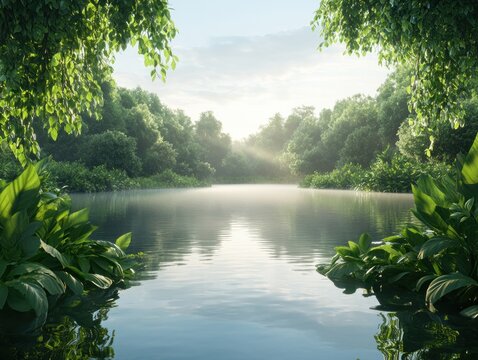 Serene Morning Mist Over Tranquil Lake, Sunbeams Dance on Calm Waters, Creating a Peaceful Landscape