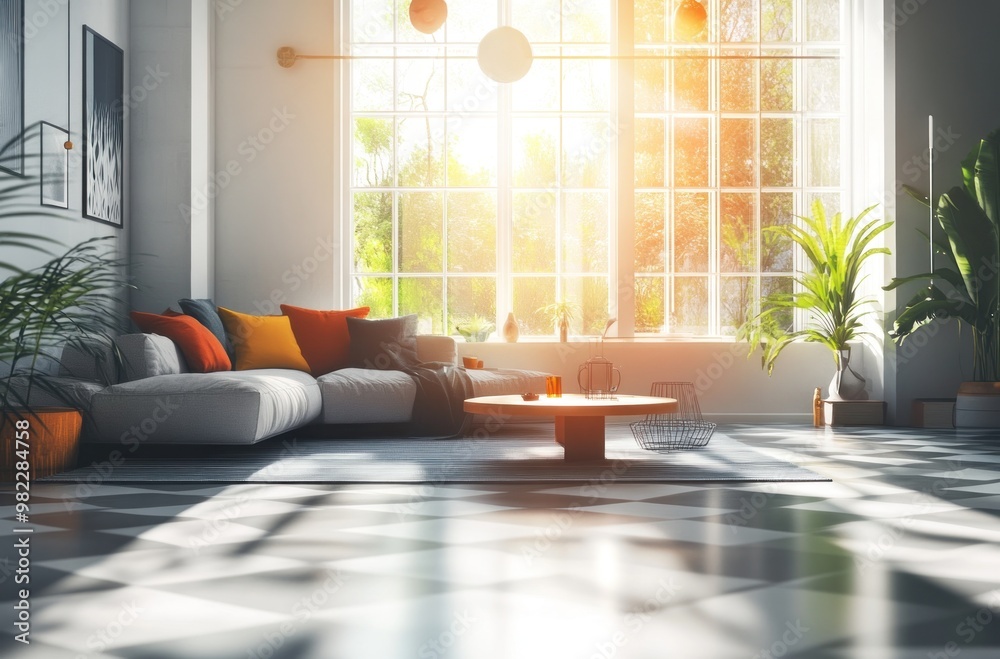 Sticker Sunlight Streaking Through Large Windows in a Modern Living Room