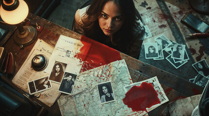 Woman investigates crime scene with blood-stained documents, photographs, and police files. Intense gaze, dim lighting, and vintage desk lamp create suspenseful atmosphere in true crime setting