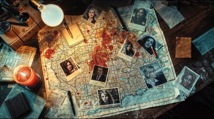 Murder investigation board with bloodstained map, photographs of women, and documents. Detective's desk with evidence of serial killer case. True crime background for a wallpaper