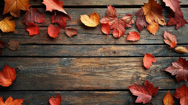 A rustic wooden background with autumn leaves scattered around, evoking a warm and cozy fall atmosphere.